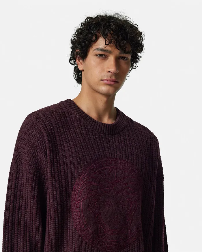 Versace Embroidered Medusa CableKnit Sweater Brown Men Knitwear