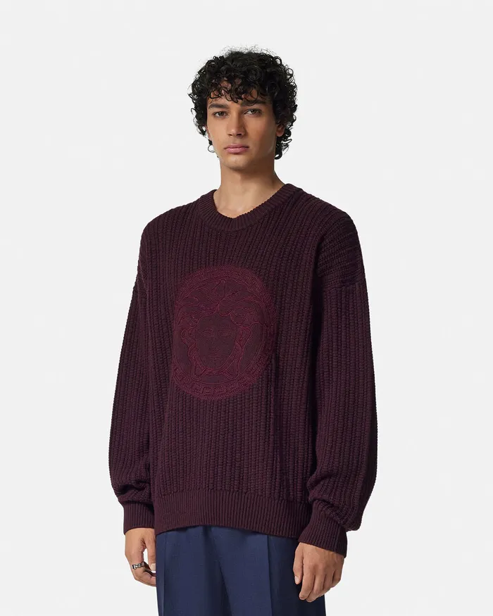 Versace Embroidered Medusa CableKnit Sweater Brown Men Knitwear