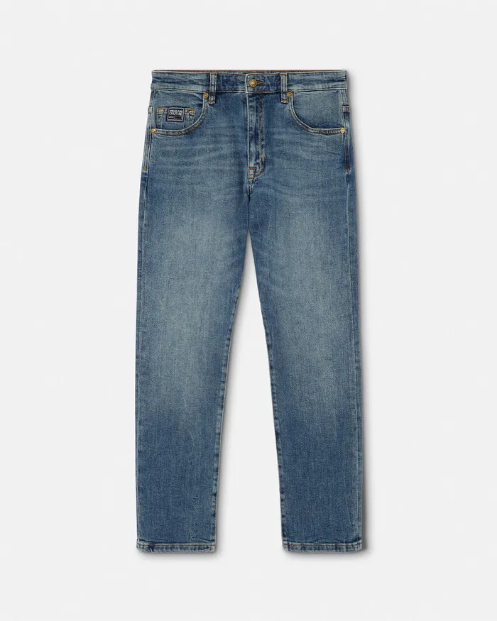 Versace Gothic Logo StraightLeg Jeans Blue Women Jeans Couture