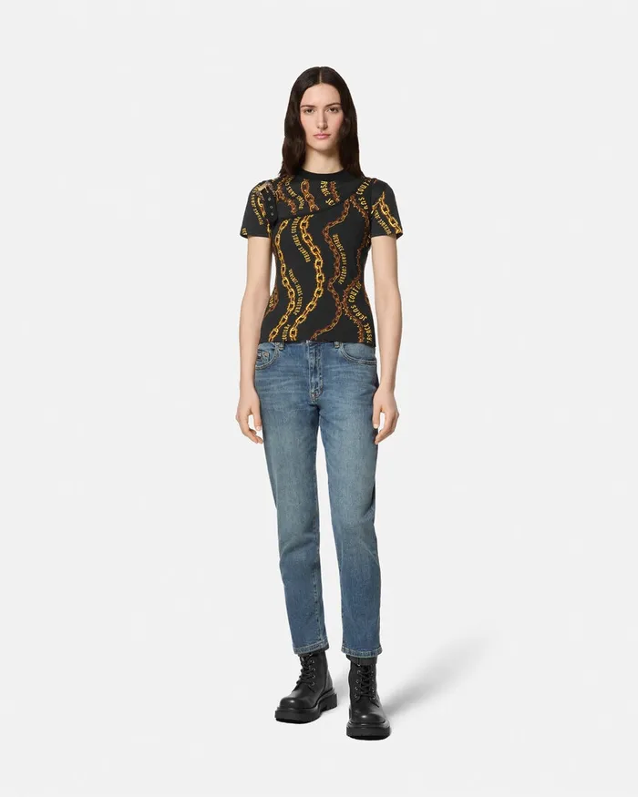 Versace Gothic Logo StraightLeg Jeans Blue Women Jeans Couture