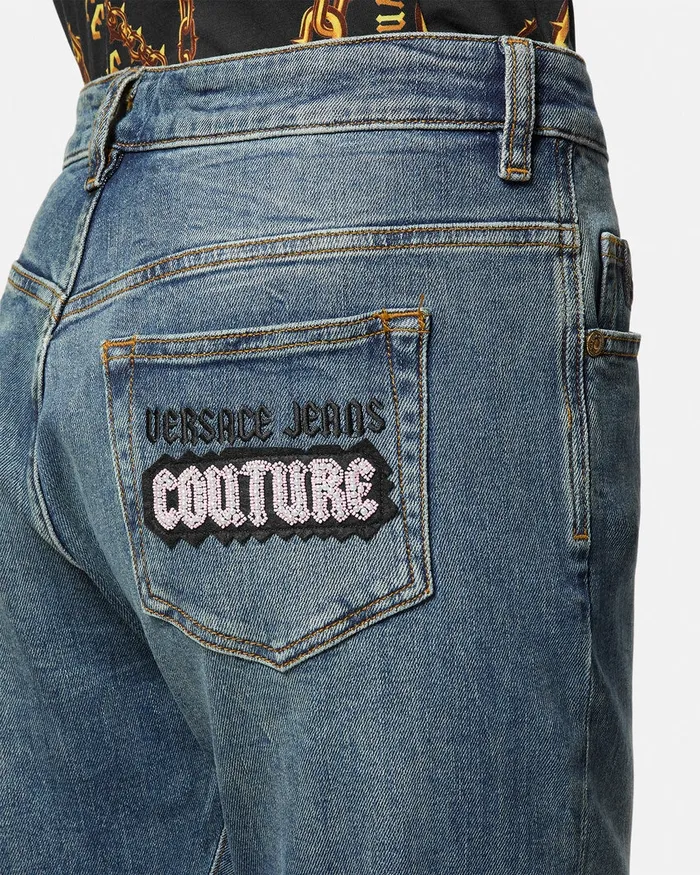 Versace Gothic Logo StraightLeg Jeans Blue Women Jeans Couture