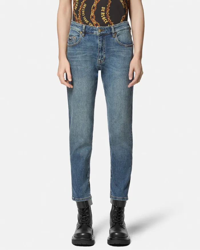 Versace Gothic Logo StraightLeg Jeans Blue Women Jeans Couture