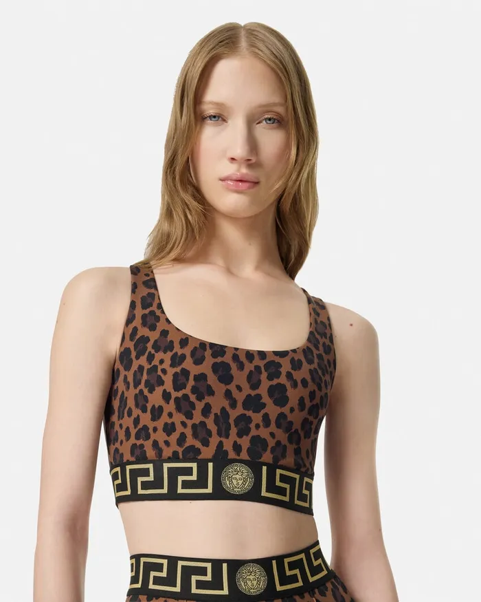 Versace Leopard Greca Border Gym Sports Bra Animalier Women Activewear