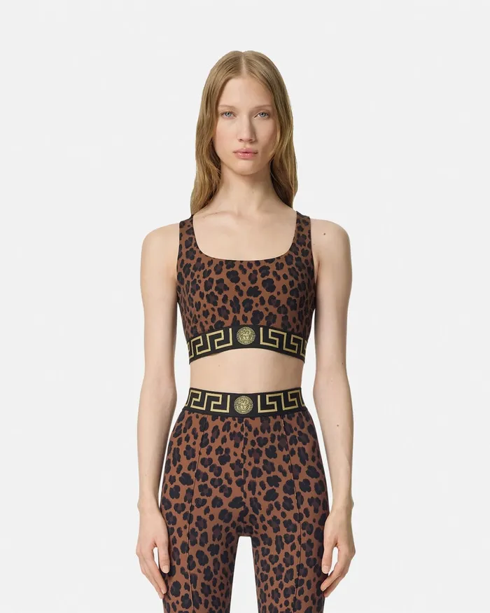 Versace Leopard Greca Border Gym Sports Bra Animalier Women Activewear
