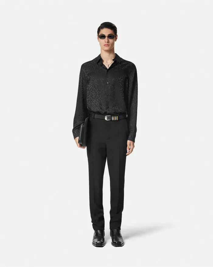 Versace Leopard Jacquard Satin Shirt Black Men Shirts