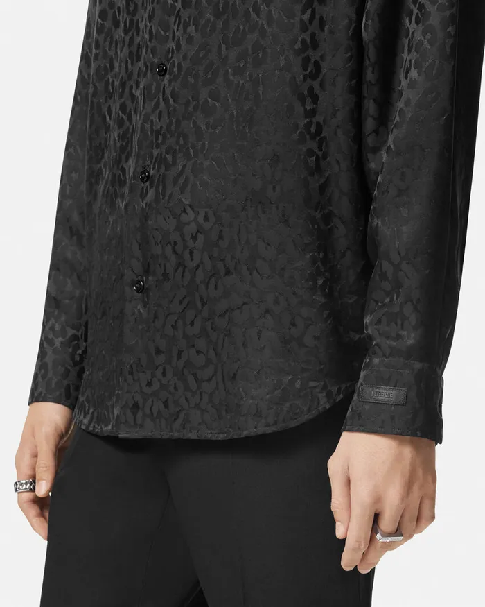Versace Leopard Jacquard Satin Shirt Black Men Shirts