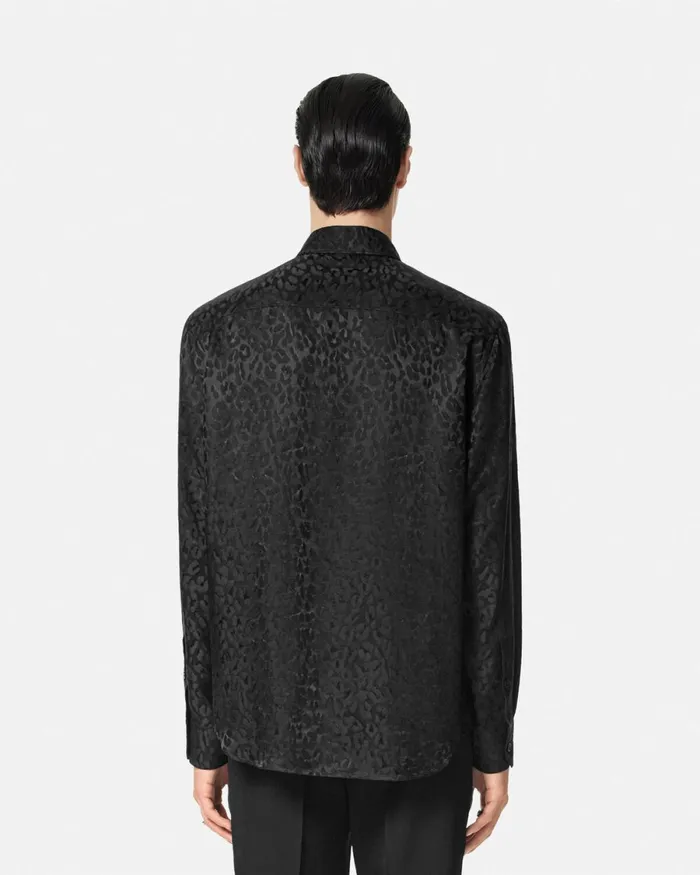 Versace Leopard Jacquard Satin Shirt Black Men Shirts
