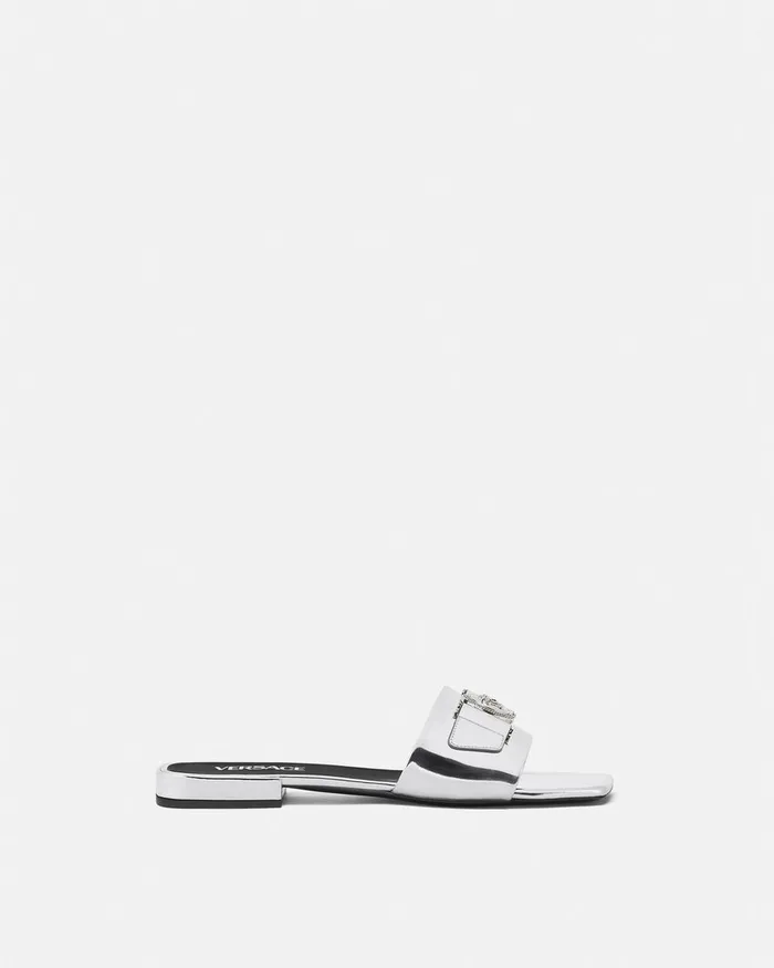 Versace Medusa Buckle Metallic Flat Sandals Silver Women Sandals