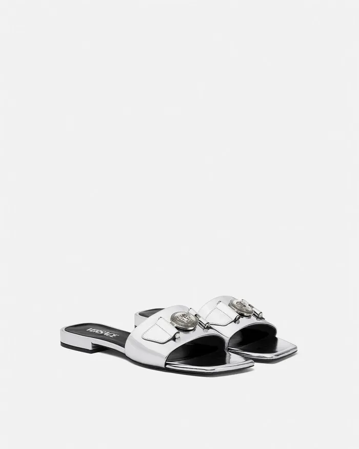 Versace Medusa Buckle Metallic Flat Sandals Silver Women Sandals