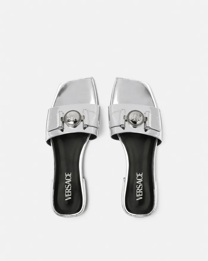 Versace Medusa Buckle Metallic Flat Sandals Silver Women Sandals