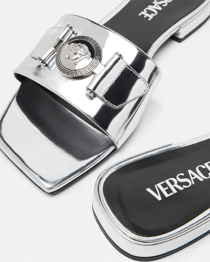 Versace Medusa Buckle Metallic Flat Sandals Silver Women Sandals