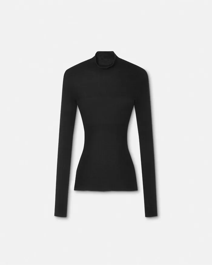 Versace Merino Wool Fitted Ribbed Knit Top Black Women Knitwear