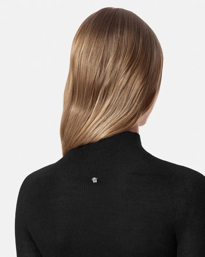 Versace Merino Wool Fitted Ribbed Knit Top Black Women Knitwear
