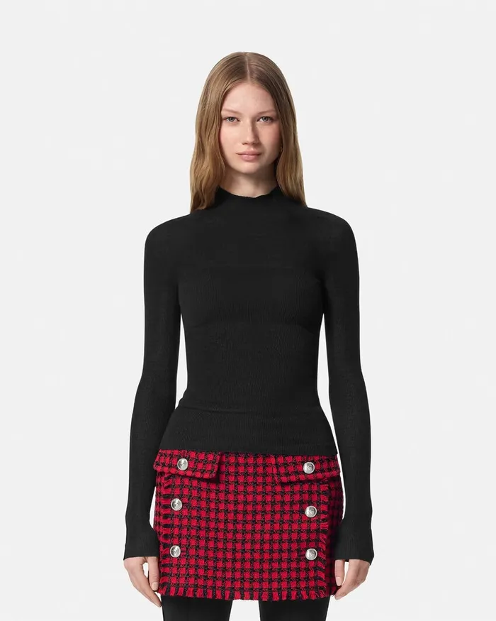 Versace Merino Wool Fitted Ribbed Knit Top Black Women Knitwear