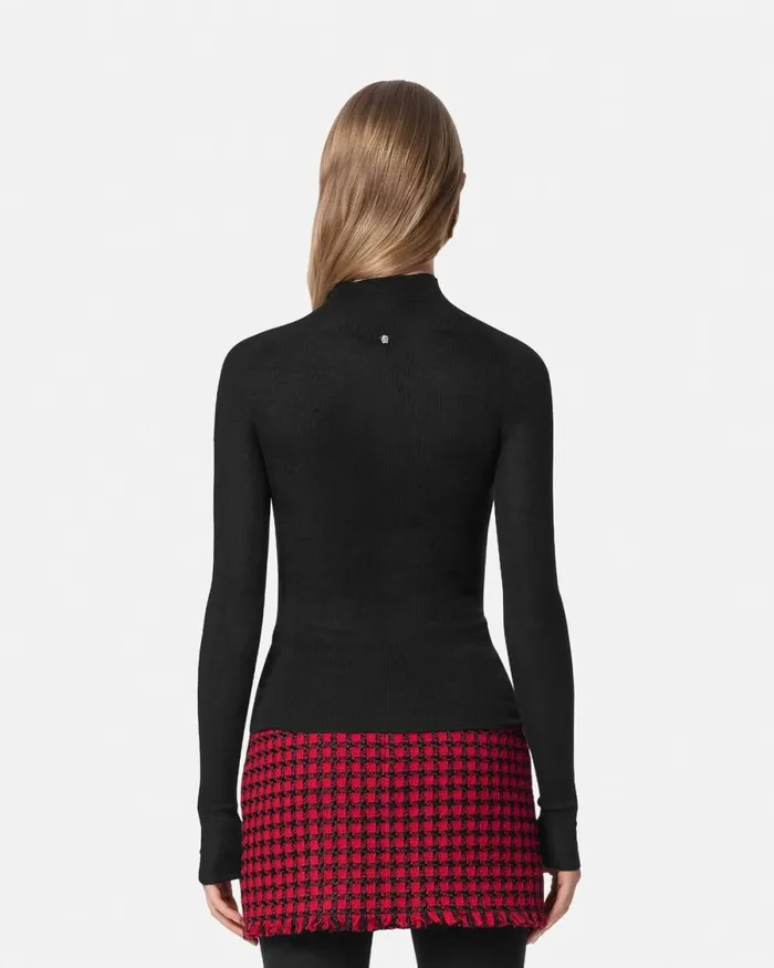 Versace Merino Wool Fitted Ribbed Knit Top Black Women Knitwear