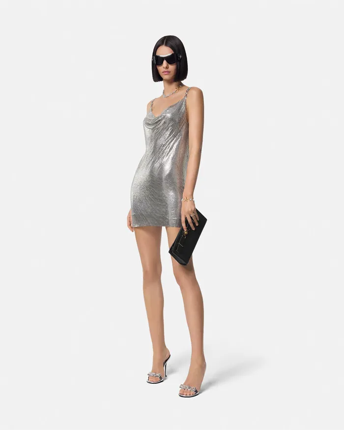 Versace Metal Mesh Slip Mini Dress Silver Women Dresses