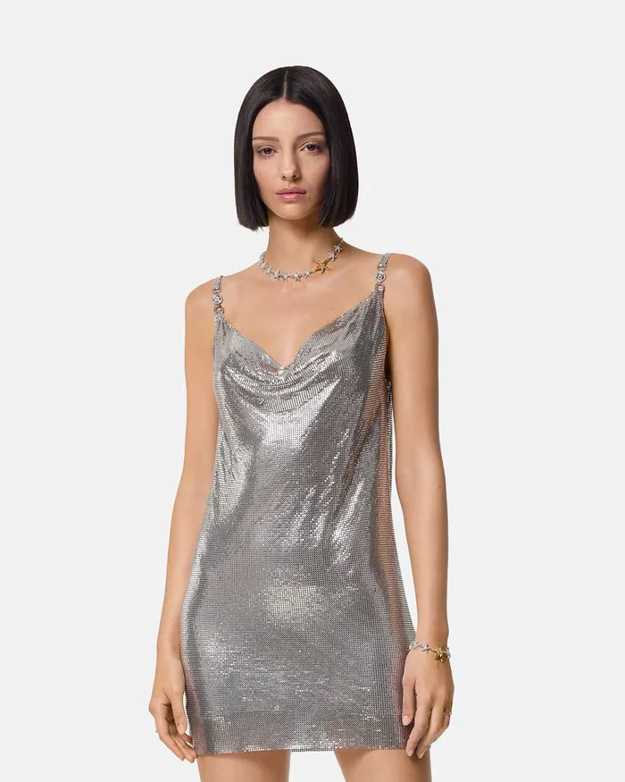Versace Metal Mesh Slip Mini Dress Silver Women Dresses