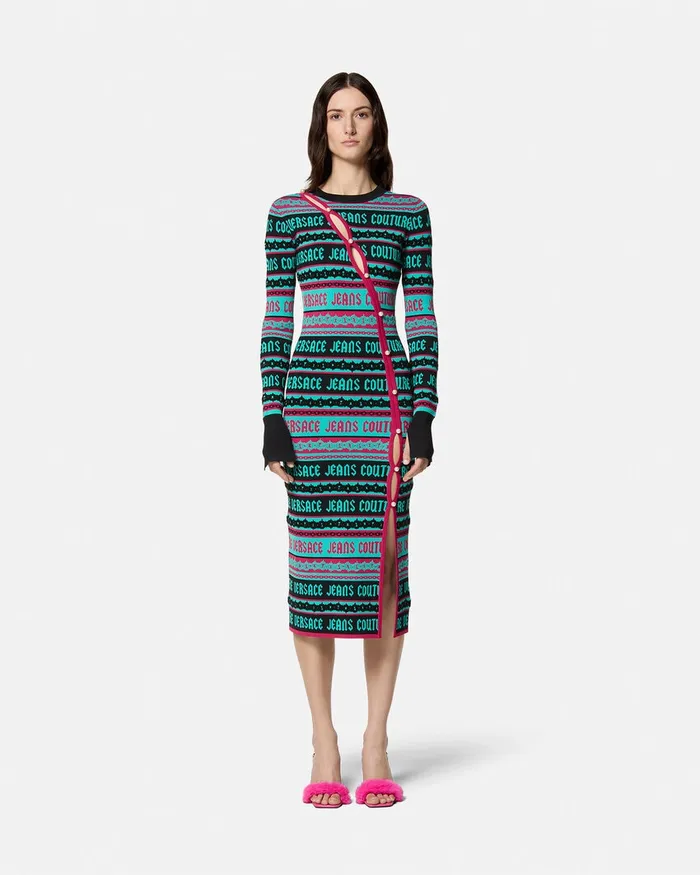 Versace Stripes Jacquard Knit Midi Dress Green Women Jeans Couture