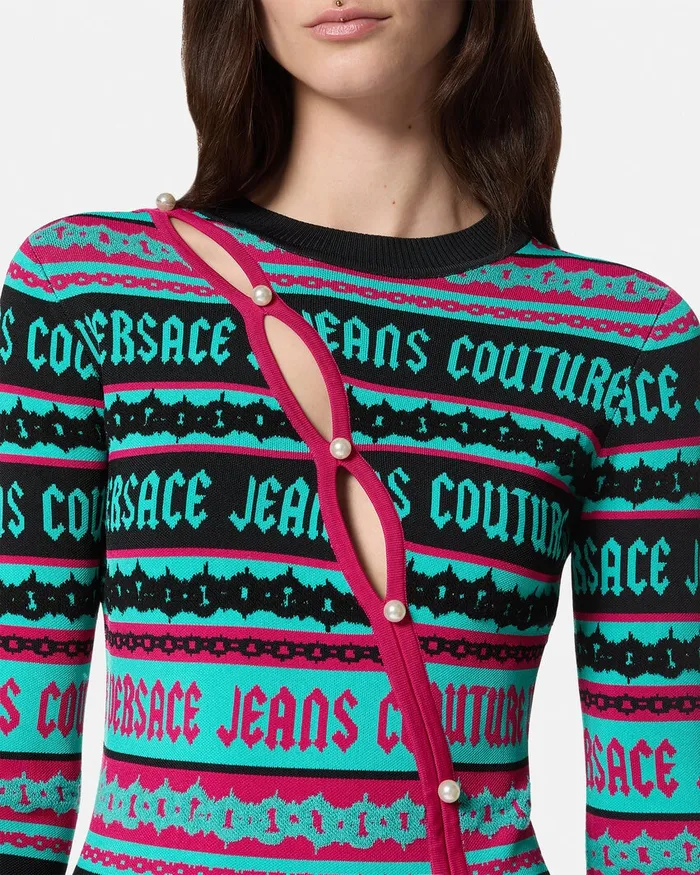 Versace Stripes Jacquard Knit Midi Dress Green Women Jeans Couture