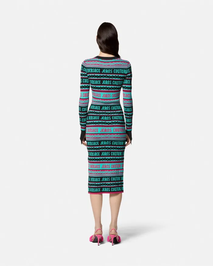 Versace Stripes Jacquard Knit Midi Dress Green Women Jeans Couture