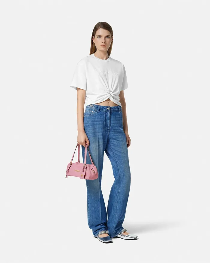 Versace Tag Bowling Shoulder Bag Pink Women Top Handle