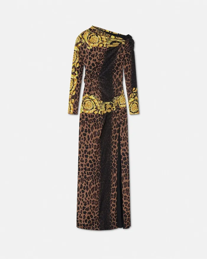 Versace Wild Barocco Slit Smocked Gown Animalier Women Dresses