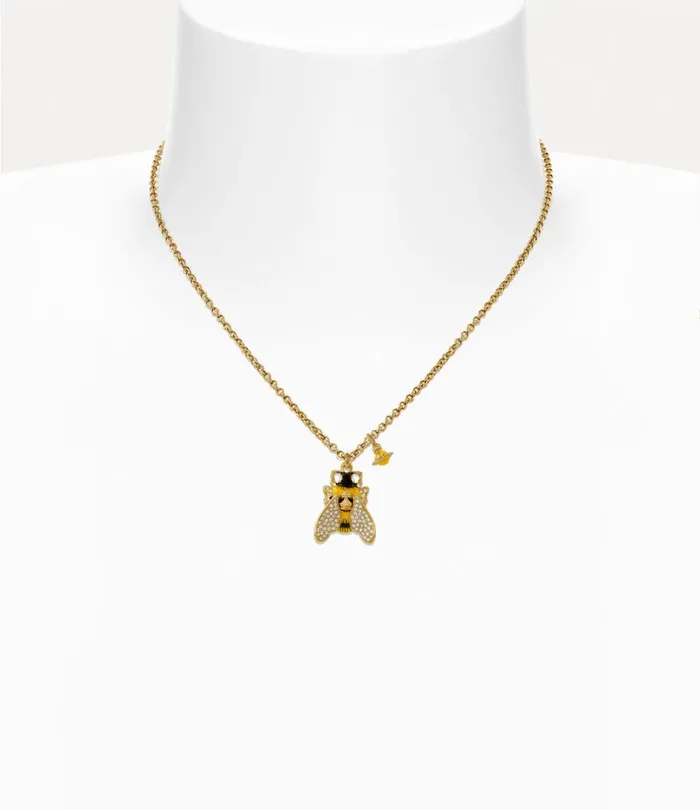Vivienne Westwood Necklaces Women Bumble Bee Pendant Necklace Gold White Crystal Black Yellow Enamel