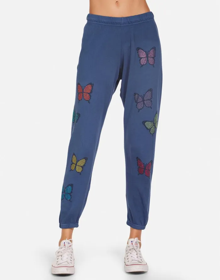 Women039s Alana Crystal Butterfly Denim Navy Lauren Moshi Crop Sweatpants