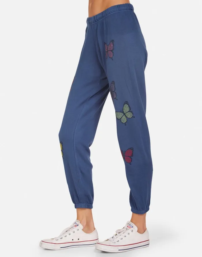 Women039s Alana Crystal Butterfly Denim Navy Lauren Moshi Crop Sweatpants