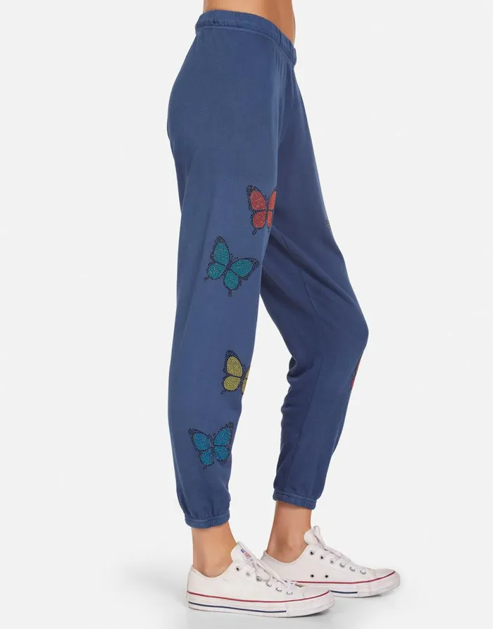 Women039s Alana Crystal Butterfly Denim Navy Lauren Moshi Crop Sweatpants