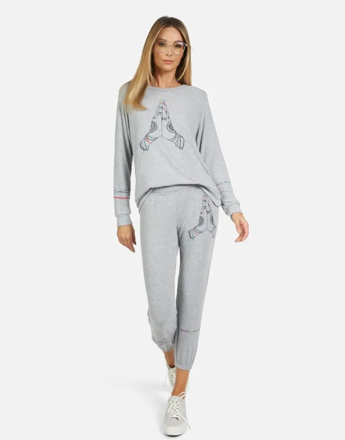Women039s Alana Prayer Hands Heather Grey Lauren Moshi Crop Sweatpants