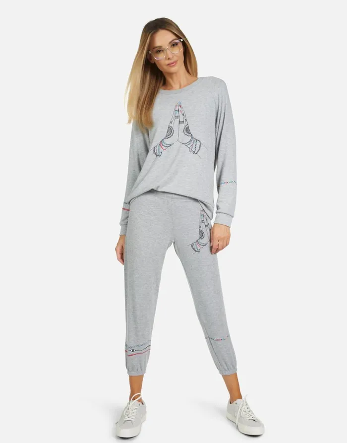 Women039s Alana Prayer Hands Heather Grey Lauren Moshi Crop Sweatpants
