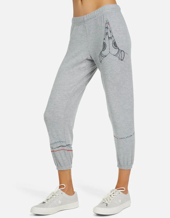 Women039s Alana Prayer Hands Heather Grey Lauren Moshi Crop Sweatpants