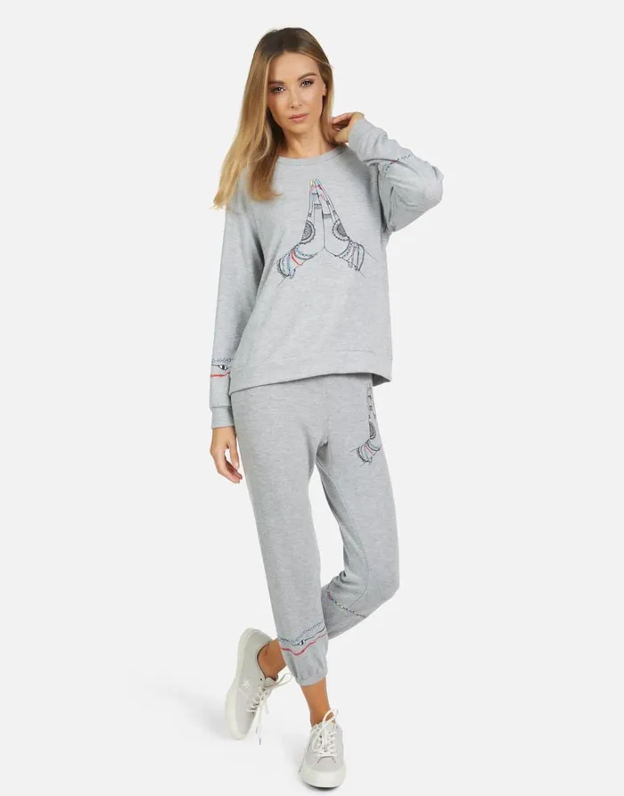 Women039s Alana Prayer Hands Heather Grey Lauren Moshi Crop Sweatpants