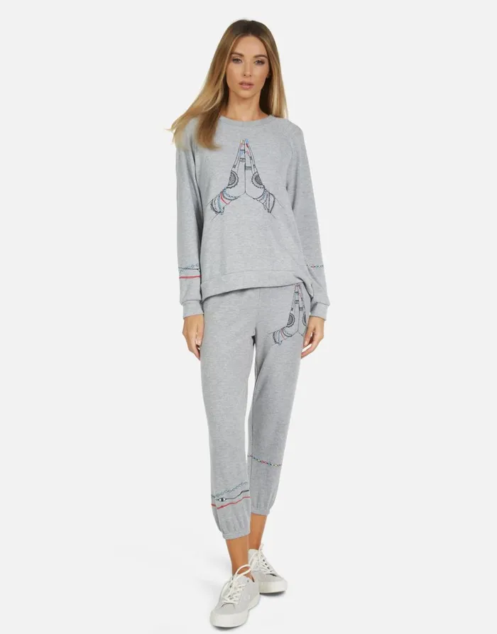 Women039s Alana Prayer Hands Heather Grey Lauren Moshi Crop Sweatpants