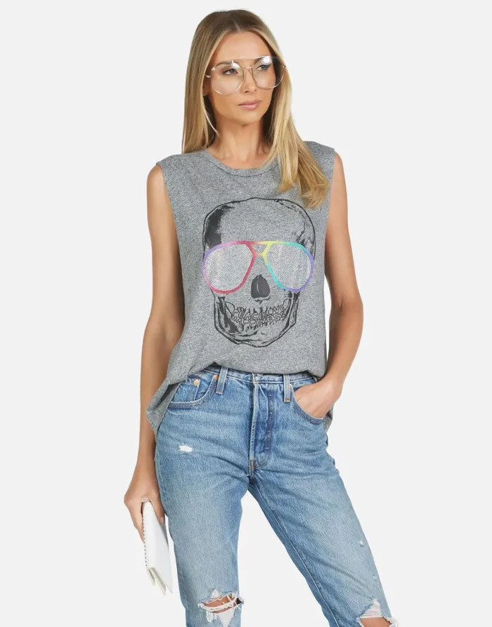 Women039s Kel Cool Skull Heather Grey Lauren Moshi Tanks