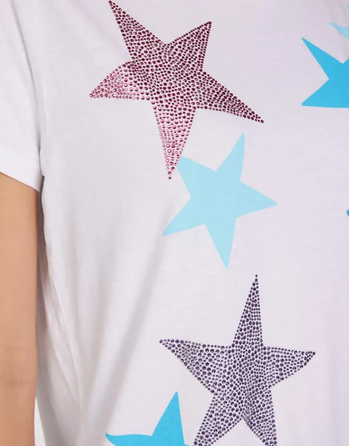 Women039s Wolf Color Crystal Multi Stars White Lauren Moshi Short Sleeve