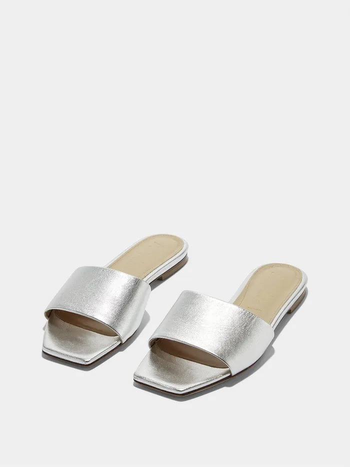 Women Aeyde ANNA Silver Leather Flat Slide Aeyde Flat Sandals