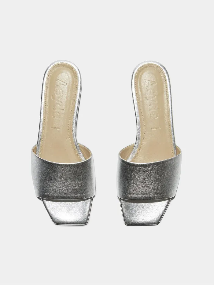 Women Aeyde ANNA Silver Leather Flat Slide Aeyde Flat Sandals