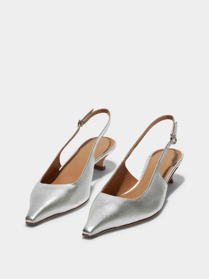 Women Aeyde CATRINA Silver Kitten Heel Pump Aeyde Slingbacks