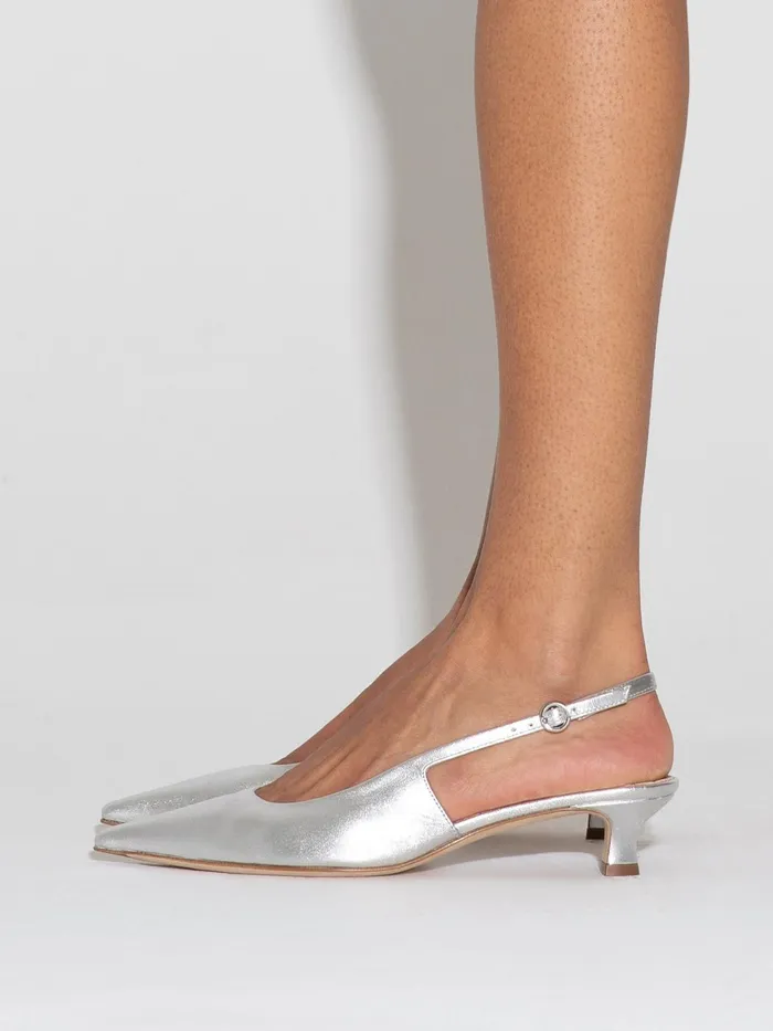 Women Aeyde CATRINA Silver Kitten Heel Pump Aeyde Slingbacks