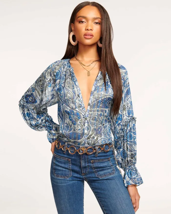 Women Aria Button Down Blouse Blue Paisley Ramy Brook Tops
