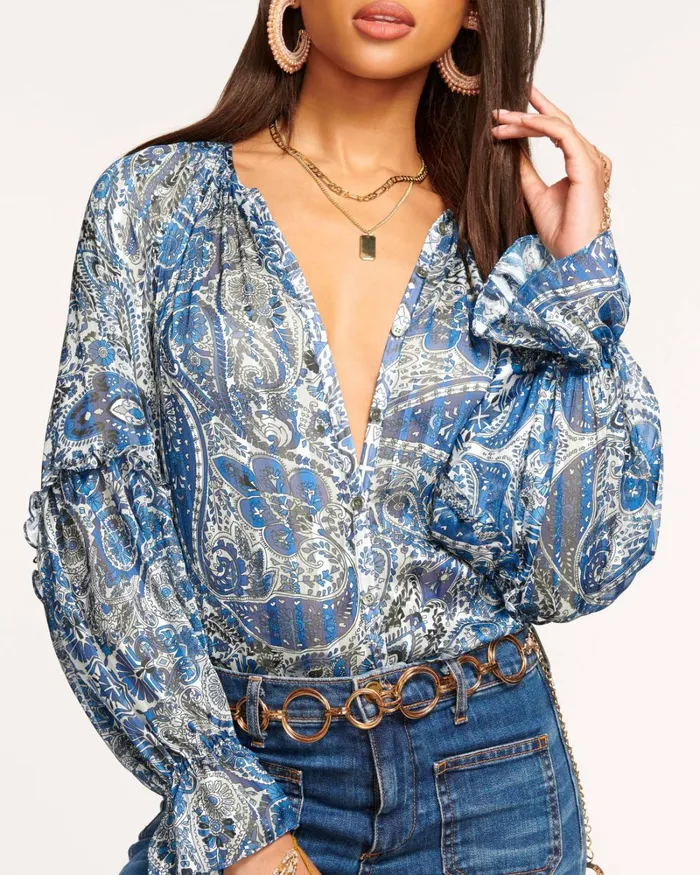 Women Aria Button Down Blouse Blue Paisley Ramy Brook Tops Women Aria Button Down Blouse Blue Paisley Ramy Brook Tops