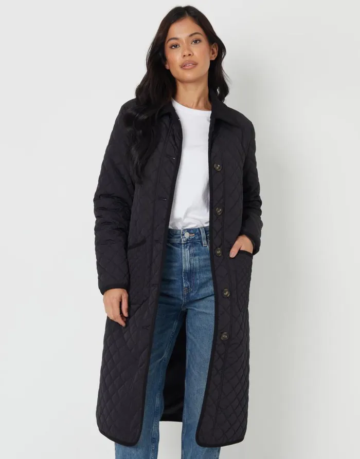 Women Black Button Up Collared Diamond Quilted Maxi Coat Threadbare Jackets Women Black Button Up Collared Diamond Quilted Maxi Coat Threadbare Jackets