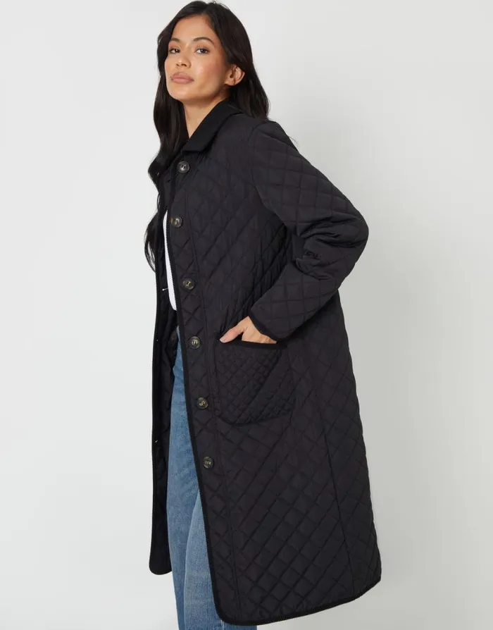 Women Black Button Up Collared Diamond Quilted Maxi Coat Threadbare Jackets Women Black Button Up Collared Diamond Quilted Maxi Coat Threadbare Jackets