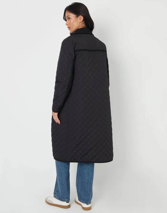 Women Black Button Up Collared Diamond Quilted Maxi Coat Threadbare Jackets Women Black Button Up Collared Diamond Quilted Maxi Coat Threadbare Jackets