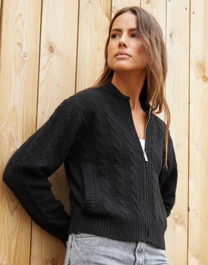 Women Black Cable Knit ZipUp Bomber Jacket Threadbare Jackets