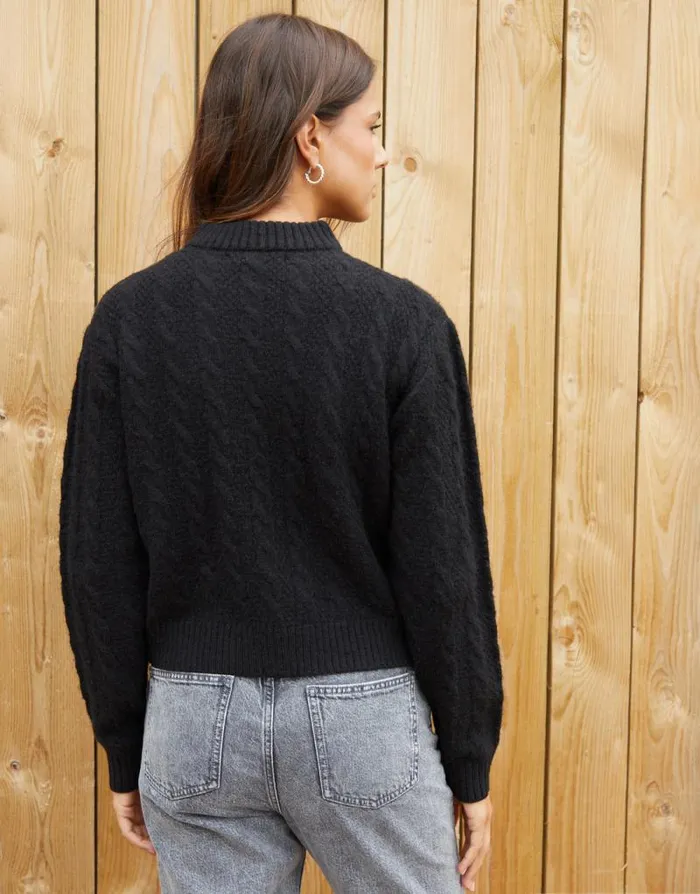 Women Black Cable Knit ZipUp Bomber Jacket Threadbare Jackets