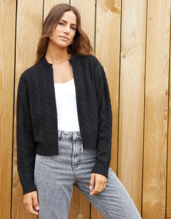 Women Black Cable Knit ZipUp Bomber Jacket Threadbare Jackets