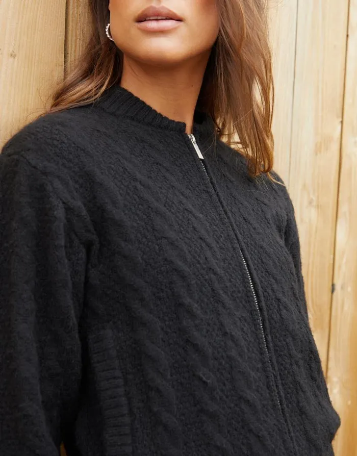 Women Black Cable Knit ZipUp Bomber Jacket Threadbare Jackets